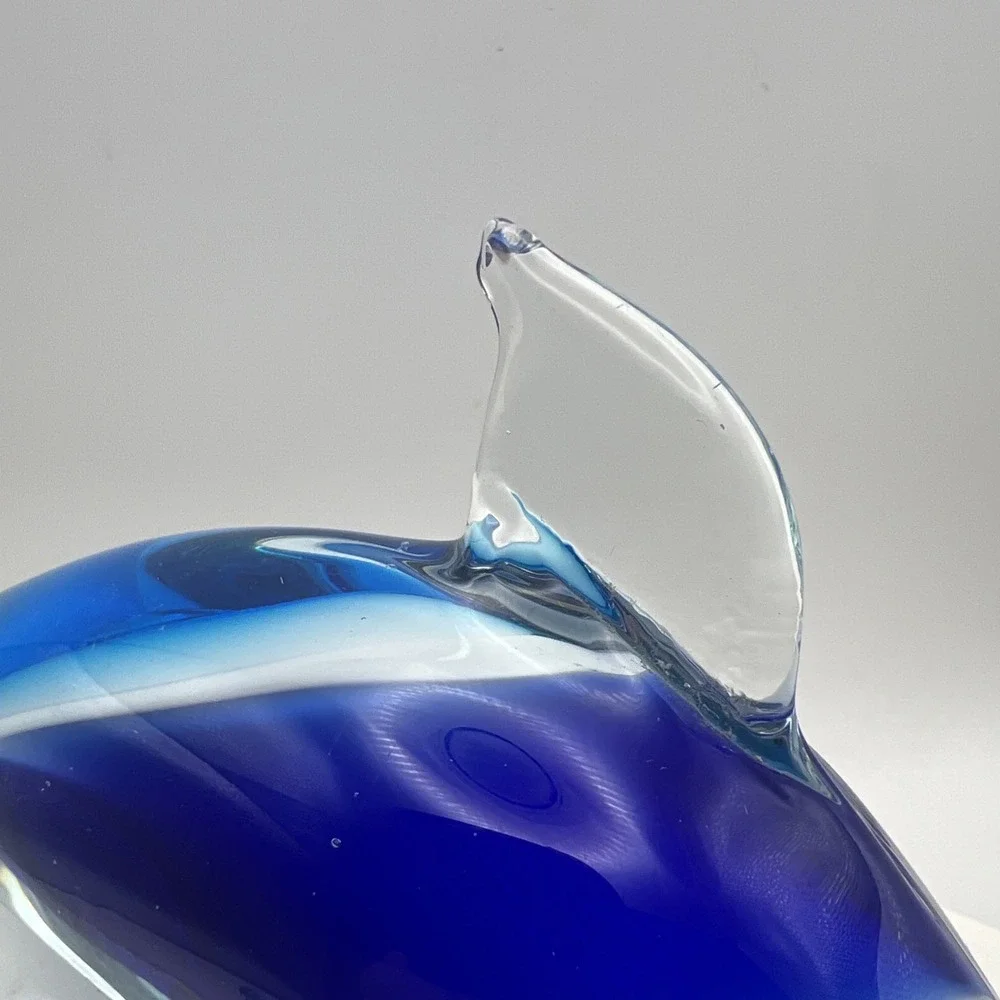 Vintage Hand Blown Art Glass Dolphin Figurine Blue White Swirl Paperweight 6